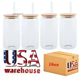 USA CA STOCK 16oz Sublimation Glass Blanks Bamboo Lid Frosted Beer Can Borosilicate Tumbler Mason Jar Cups Mug with Plastic Straw 50pc/c 4.23 0516