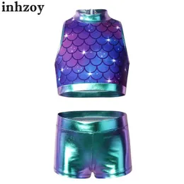 Dancewear Kids Girls Balet Gymnastics Dance Tance B lśniące cekiny topy z szortami dna joga trening jazz dotknij hip hop tańcu2405