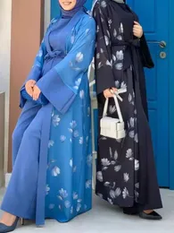 Ethnische Kleidung Ramadan zweiteiliger Anzug Muslimer Rompers Frauen Dubai Türkei Schnüre Abaya Jumpsuit Wide Leghose Kaftan Islamic Clothing Elegant T240515