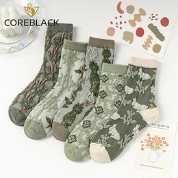 Women Socks 5 Pars Green Girl's Cotton Set Four Seasons Short Tube With Flower Printing Sweat-absorbing Anti Odor