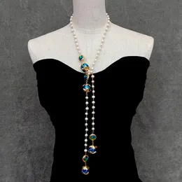 Yygem 6-7 mm sötvatten odlad vit pärlbands radbandskedja 16mm blå murano glas långt halsband 38 smycken för kvinnor flickor 240515