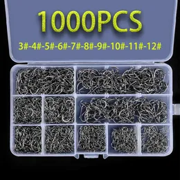 1000pcs balıkçılık kancaları set yüksek karbonlu çelik keskin dayanıklı dikenli fishook kaya ekipmanı dişli takımı ile takas aksesuarları ile kutu 240515