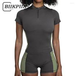 Damen -Trainingsanzüge Biikpiik Motobiker kontrastierende Shorts Sets Sporty Women Slim Fit Two -Stück Anzüge Zipper Kurzarm Tee Elastic Taille Taille