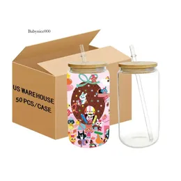 USA CA Warehouse Hot Sale 16Oz Sublimation Beer Soda Jar Shaped Frosted Clear Glass With Bamboo Lid And Straw 4.23 0516