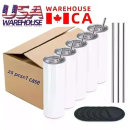 USA Can Warehouse 25pc/Carton Sublimation Tumblers 20オンスステンレス鋼二重壁断熱ストレートブランクホワイトウォーターカップと蓋とストロー0516