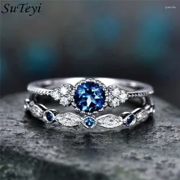 사이드 스톤과 함께 Suteyi 2pcs/set 2024 여자를위한 Green Blue Red Purple Stone Crystal Rings Sliver Color Wedding Engagement Jewelry Accesso