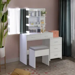ZK20 Particleboard Triamine Veneer 5 Pumps 2 Shelves Mirror Cabinet Three Dimming Light Bulb Dressing Table Set White