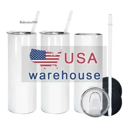 USA/CAN CAN STAMT 20OZ SUBLIMATION TUMBLERS BLANKSプラスチック製の蓋とストロービッグキャパシティマグカップ真空断熱水ボトル0424 0516