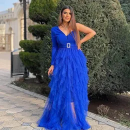 Party Dresses Blue One Shoulder Chiffon Ruffles Evening Side Slit Custom Made Prom Homecoming