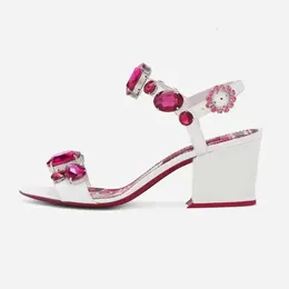 Sandals da donna autentica Donne 2024 Scarpe per abiti da brevetto 6 cm tacchi alti con tacchi alti peep-toe festa di nozze sexy stampare fibbia cinturino diamante boemia colorato di taglia rosa D 5529