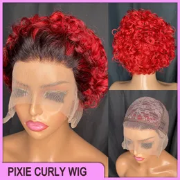 Vonder hår malaysiska peruanska indiska brasilianska 1b röd 100% rått jungfru remy människohår pixie curly cut 13x1 kort peruk p33