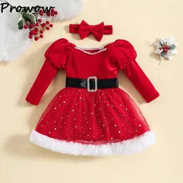 女の子のドレスProwow 0-5y冬の女の子のためのクリスマスふくらんでいる袖の赤いベルベットスタープラッシュプリンセスドレス子供年衣装