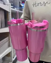 Skicka inom 12h Spring Blue Black Chroma Winter Pink Cosmo Tumbler Quenching co-branded 40oz bilvattenflaska med rostfritt stålkopphandtag lock och halmkoppar 0516