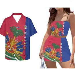 Vestidos de trabalho Moda Haiti Flag de praia estampada bodycon vestido curto conjunto