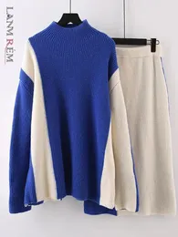 Sukienki robocze Lanmrem 2 sztuki zestaw dla kobiet 2024 Winter High Collar Contrast Kolor Długie rękawy Sweter z spódnicą 2DA2453