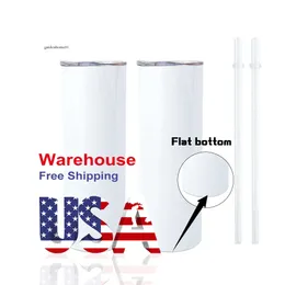 USA CA CA Warehouse abastecido de 20 onças de borda plana Branco de parede dupla de sublimação reta de sublimação reta com palha 0516