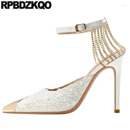 Klädskor vita märke kvinnor 2024 sandaler höga klackar pumpar metallstorlek 33 plus 13 45 fotled strap stilett 8 cm brud brudtärna super