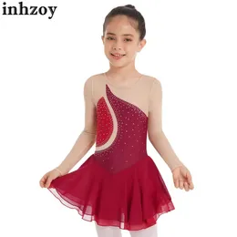 Dancewear Kids Girls Girl Ballet contemporanea Dance Dress Dance Abito a maniche lunghe Rhinestone Patchwork Dress Tuttu Tutu Figure Ice Skating Costumel2405