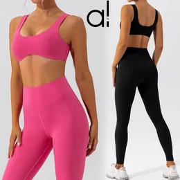 Al Yoga Suits 2 피스 스포츠 브라 탱크 + 하이 웨이스트 레깅스 여성 속옷 와이드 스트랩 브라스 피트니스 런 트레인 충격-흡수 조끼 스트레치 꽉 바지