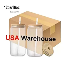 Warehouse US 16Oz Sublimation Glass Tumbler Frosted Cola Can Bamboo Lid Beer Tail Cup Whiskey Coffee Mug Iced Tea Jar 0516