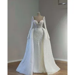 Pieces White Mermaid With Detachable Train Long Sleeves Pearls Wedding Gowns Vestido Blanco Brides Dresses