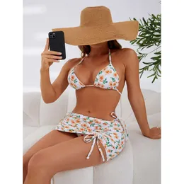 Kobiety 3 Pack Floral Print String Sets Bikini z siatką spódnicę Ups strój kąpielowy żeńskie stroje kąpielowe vintage na plaży garnitury kąpielowe