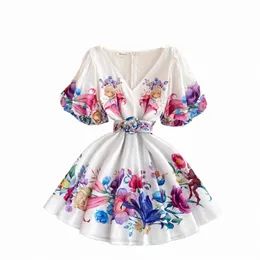 Dres Dres Summer Bohemian Fr Short Dr Women v-neck Puff Sleeve Floral Print High Weist A-Line Belt Holiday Boho Mini Vestidos 2024 R7nj#