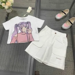 Top kids T-shirt suits baby tracksuits Size 100-150 CM summer two-piece set Purple haired girl pattern girls t shirt and shorts 24Mar