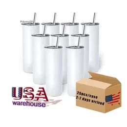 ABD CA 2 Gün Teslimat 20oz Beyaz Boşluklar Paslanmaz Çelik Su Şişeleri Sıska Düz Süblimasyon Tumbler Samanlı JN24 0516