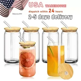 US CA Stock 16Oz Sublimation Glass Beer Mugs With Bamboo Lid Straw DIY Blanks Frosted Clear Can Shaped Tumblers Cups Heat Transfer Tail Iced Coffee Soda 0516