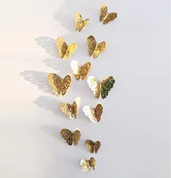 Naklejki ścienne 12PCLlot 3D Metal Golden Buterfly Design Out Design Butterfly Dekoracja domowa Magnes do salonu Lodówka 7002583