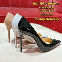 Designer Women High Heel Dress Dress Rosso Shiny Bottoms 8cm 10 cm da 12 cm tacchi sottili Pompe da donna in pelle di brevetto nudo nero con sacchetto per polvere 36-44