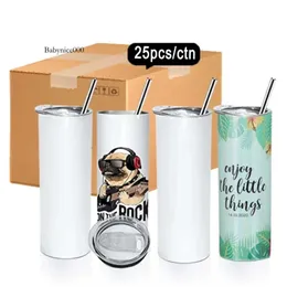 USA/CA Warehouse Sublimation Glass Straight 20oz White Vacuum Isolated Rostfritt Steel Travel Coffee Mug With Lid Cup 120 4.23 0516