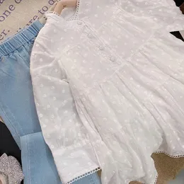 Kleidung Sets Girls 'Set 2024 Frühling/Sommer Korean Edition Kinder Wear Temperament Weiße Jacquard Hemd Kleid Denim Flared Hosen