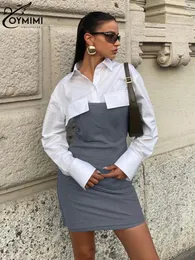Arbetsklänningar oymimi mode smal grå 2 stycken set kvinnor outfit 2024 elegant långärmad skjorta med stropplös miniklänning streetwear