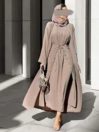 Etniska kläder 3 stycken Abaya Set Crinkle Fabric Muslimsk kvinnor som matchar outfit Kimono Long Dress Wrap kjol Dubai Islamiska Ramadan