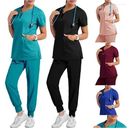 Damen zweiteilige Hosen Peelings Frauen arbeiten Uniformpocke Langarmed Mediced Clothing Tops Zweiteilige Sets klinische Uniformen Sui Dhthu