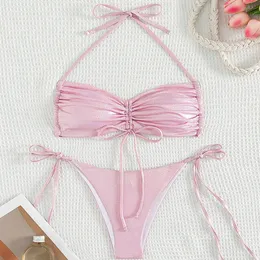 Sexy Push Up Bikini Conjunto Halter Swimsuit Womenwearwear Bandagem Backless Summer Vacation Beach Use Bathing Suit de maiô 2024 Mujer Pink