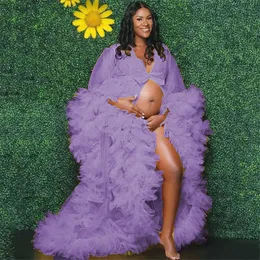 Maternity Dresses for Photoshoot Ruffles Tulle Night Robe Puffy Long Sleeves Mesh Sexy Pregnant Sleepwear Custom Made Prom Dress
