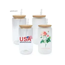 USA CA Warehouse 16oz sublimering Glas ölmuggar med bambu lock Straw Diy Blanks Frosted Clear Can Shaped Tumblers Cups Heat Transfer Tail G0418 4.23 0516
