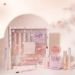 Florette First Kiss Gift Box Set Lipglas Blumen Jelly Spiegel wasserdichte Lippenstift Transparent Pulver Rouge Lidschatten Korean Make -up 240507