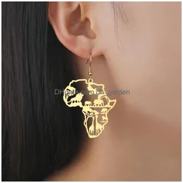 Dangle Kronleuchter meine Form Afrika Karte Tier Ohrringe für Frauen Löwen Elefant Affe Giraffe Baum Edelstahl Afrikanischer Schmuck Gif otlbc