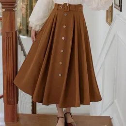 Skirts Belt Single-breasted Large Pendulum Literary Retro Skirt Long Women Faldas Largas Mujer
