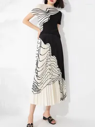 Рабочие платья Miyake Плиссированные Zebra Printed Printed Two Piece Set 2024 Осенний модная мода высокая шея кукурузные вершины талия висящие юбки