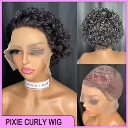 Preço por atacado PERUVANO INDIANO Brasileiro NATURAL BLACK 100% crua Remy Humano Human Wave Deep Pixie Curly Cut 13x1 Wig Short P7