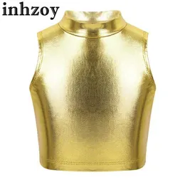 Dancewear Kids Girls Shiny Metallic Crop Top Kamizel Jazz Hip Dance Dance Camisole Tank Tops Balet gimnastyka scena występ tańca 2405