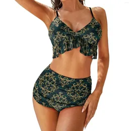 Frauen Badebekleidung Velvet Barock Print Bikinis Set Gold und Green Bikini Badeanzug sexy hohe Taille Einfache Schwimmbad Custom Beachwear