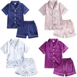 Pyjamas 2 Baby Boys and Girls Pajamas Silk Satin Top Long Sleeved Solid Button Down Pyjamas Satin Set Luminous Childrens Pajamas D240516