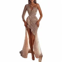 2024 NY DR DRES SEXY One Shoulder Sequin Dr Evening Party Women Elegant Solid High Split Backl Wedding Prom Maxi Fallow Dres A9DQ#
