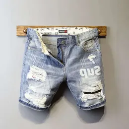 Men S Jeans Summer jasnoniebieski Raped Cat Whisker Patch Letter Drukuj Slim Denim Shorts